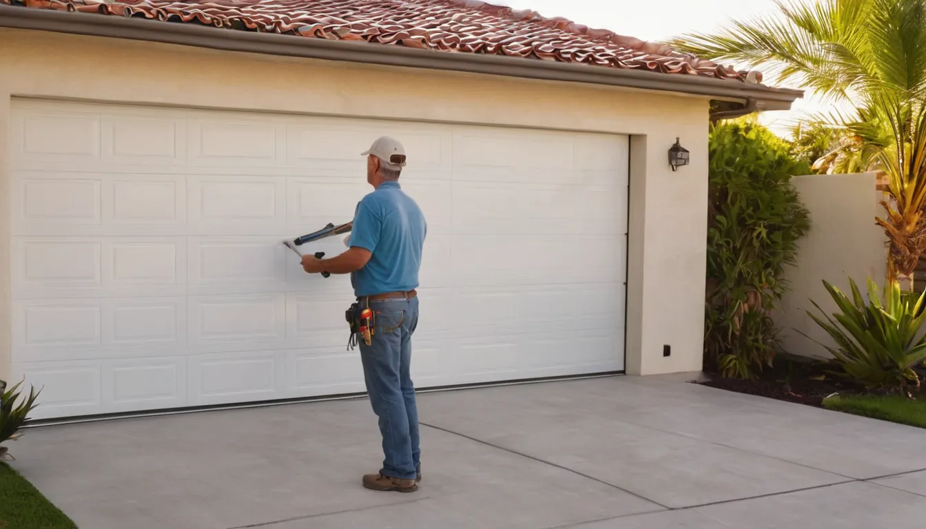 A newly installed garage door on a block-built home in Tarpon Springs with a provider checking the finished work